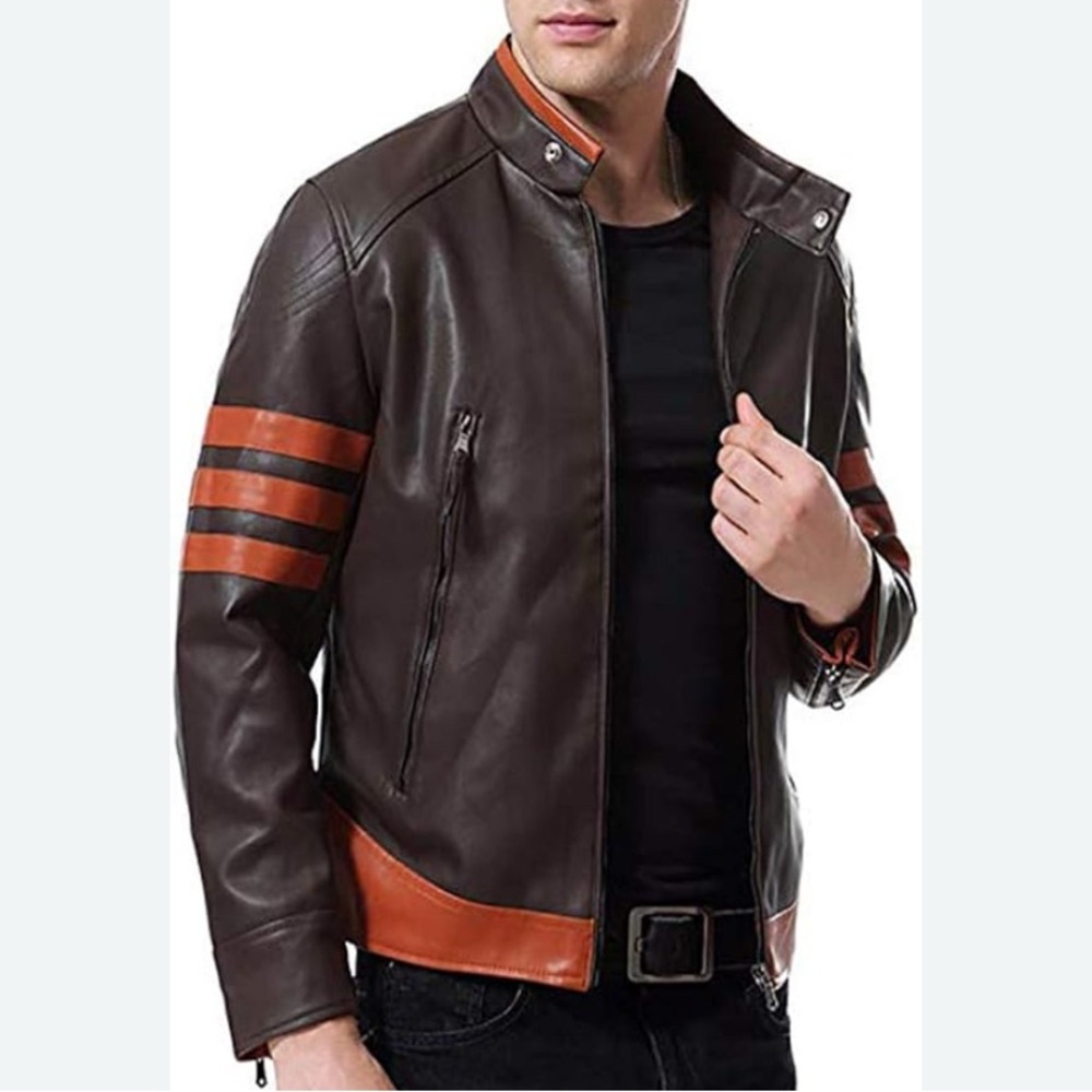 AOWOFS Faux Leather Men's Brown Jacket with Orange Accents